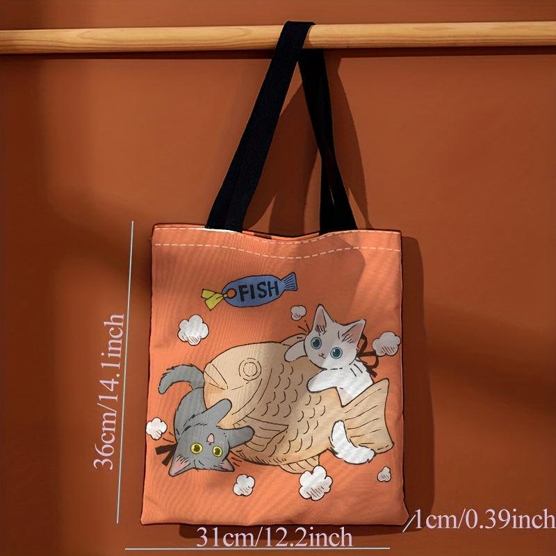 Cat And Fish Print Canvas Tote Bag Large Travel Beach Shoulder Bag