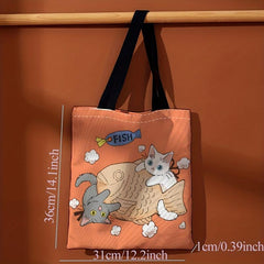 Cat And Fish Print Canvas Tote Bag Large Travel Beach Shoulder Bag