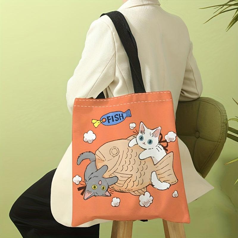 Cat And Fish Print Canvas Tote Bag Large Travel Beach Shoulder Bag
