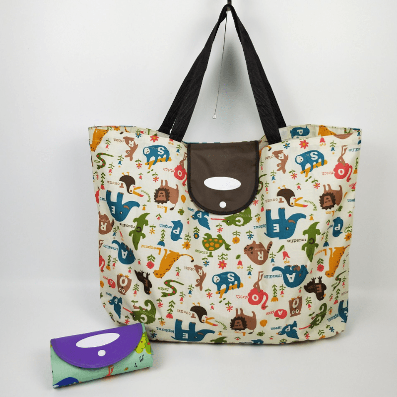 Cartoon Print Foldable Tote Bag Large Capacity for Travel Picnic Beach