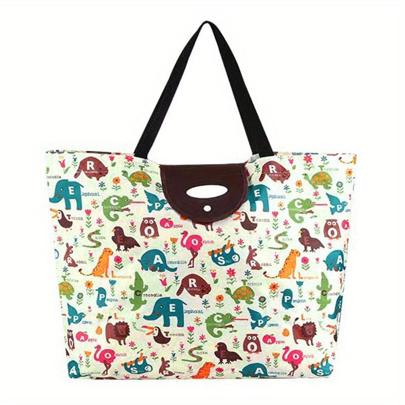 Cartoon Print Foldable Tote Bag Large Capacity for Travel Picnic Beach