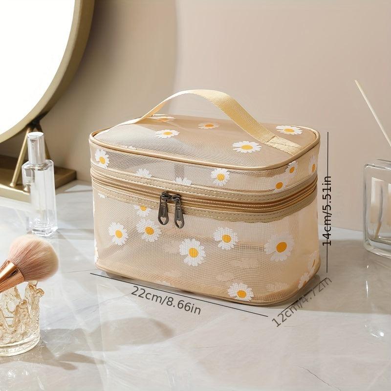 Daisy Pattern Mesh Bag Zipper Makeup Toiletry Wash Bag