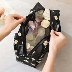 Daisy Pattern Mesh Bag Zipper Makeup Toiletry Wash Bag