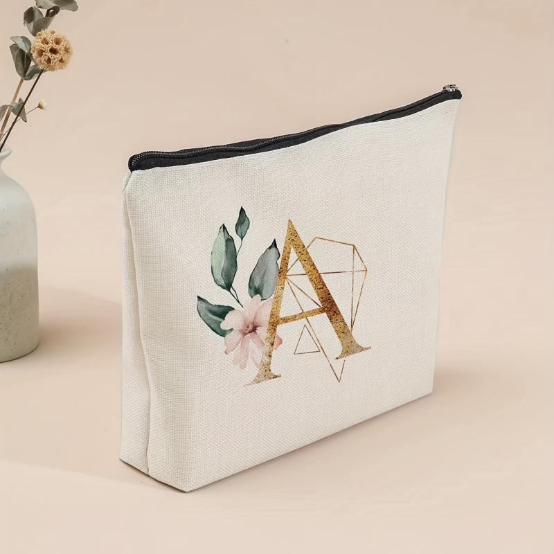 Flower Letter Print Cosmetic Bag Portable Travel Storage Zipper Coin Purse Pouch