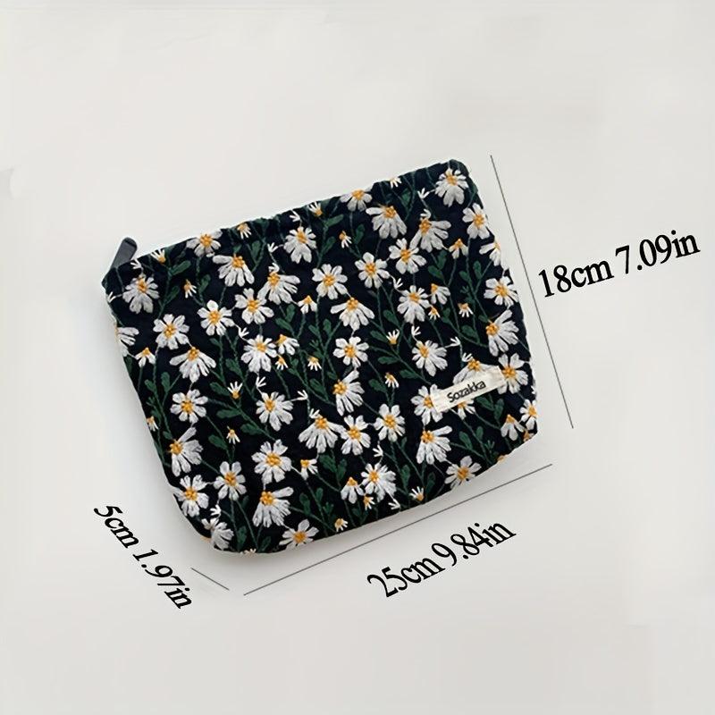 Daisy Flower Makeup Bag Embroidered Summer Travel Toiletry Pouch for Women