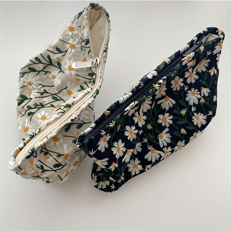 Daisy Flower Makeup Bag Embroidered Summer Travel Toiletry Pouch for Women