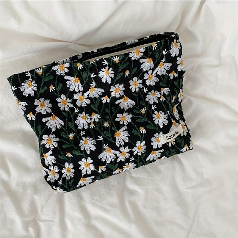 Daisy Flower Makeup Bag Embroidered Summer Travel Toiletry Pouch for Women