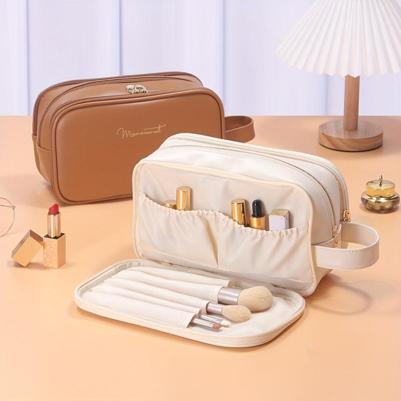 Portable Layer Cosmetic Bag Waterproof Makeup Brush Organizer PU Leather