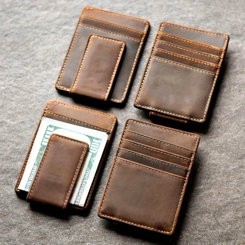 Men's Leather Magnetic Money Clip RFID Blocking Slim Pocket Card Holder