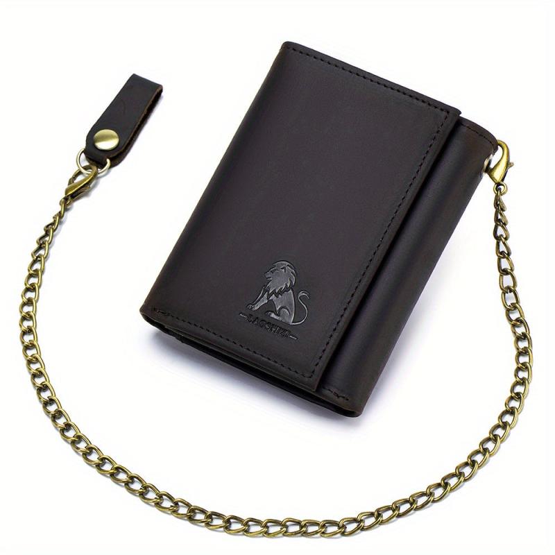 Men's Leather RFID Wallet Chain Trifold Wallet Large Capacity Card Holder