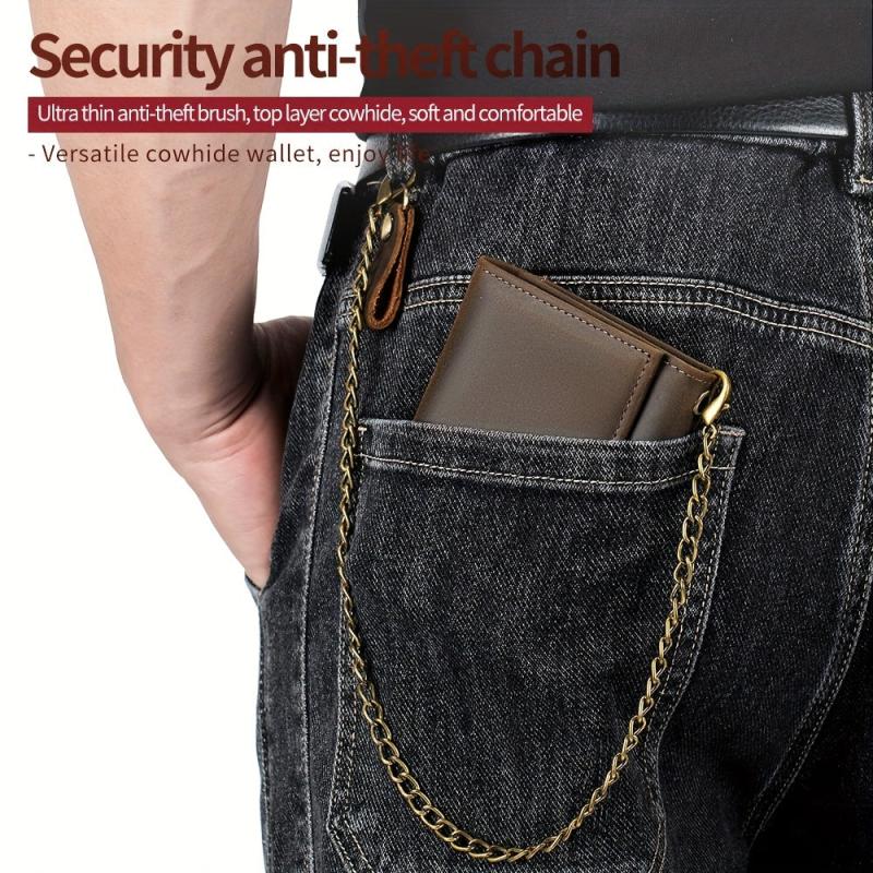 Men's Leather RFID Wallet Chain Trifold Wallet Large Capacity Card Holder
