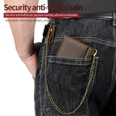 Men's Leather RFID Wallet Chain Trifold Wallet Large Capacity Card Holder