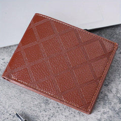Men's Leather Short Wallet Money Clip Plaid Pattern Card Holder Purse