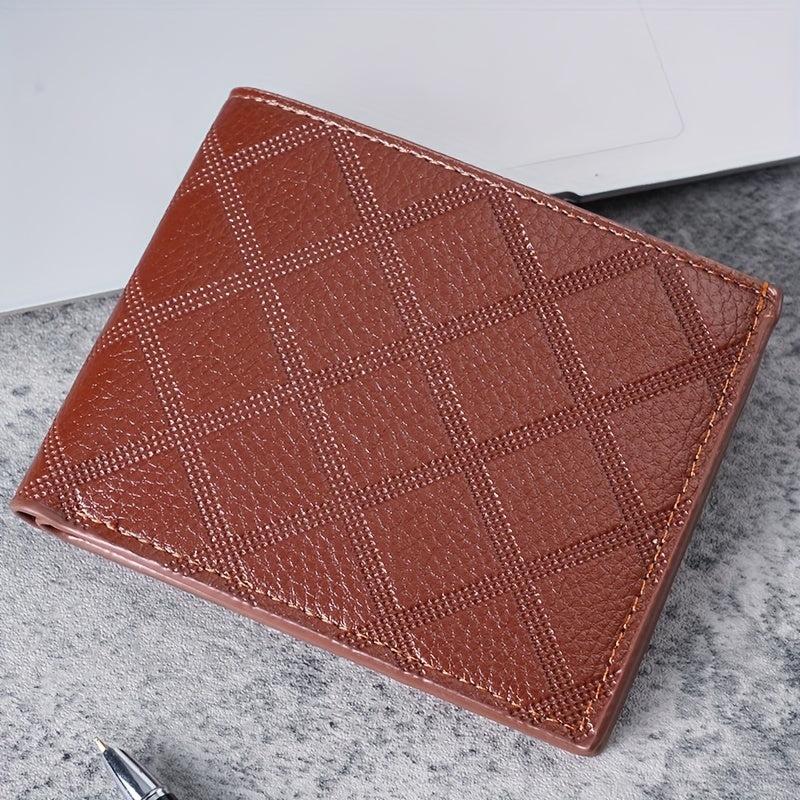 Men's Leather Short Wallet Money Clip Plaid Pattern Card Holder Purse