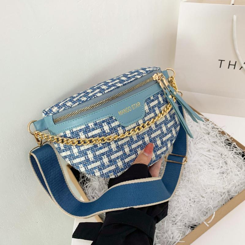Tweed Fanny Pack Chain Crossbody Bag Double Zipper Purse