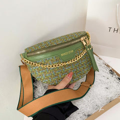 Tweed Fanny Pack Chain Crossbody Bag Double Zipper Purse