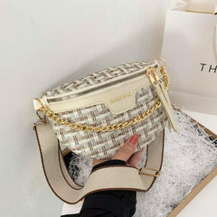 Tweed Fanny Pack Chain Crossbody Bag Double Zipper Purse