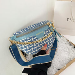 Tweed Fanny Pack Chain Crossbody Bag Double Zipper Purse