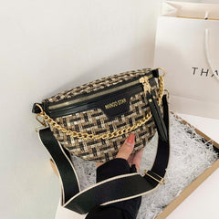 Tweed Fanny Pack Chain Crossbody Bag Double Zipper Purse