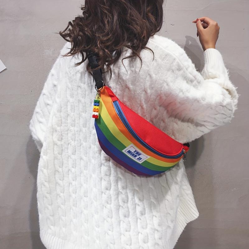 Rainbow Pattern Waist Bag Colorful Nylon Zipper Crossbody Bag