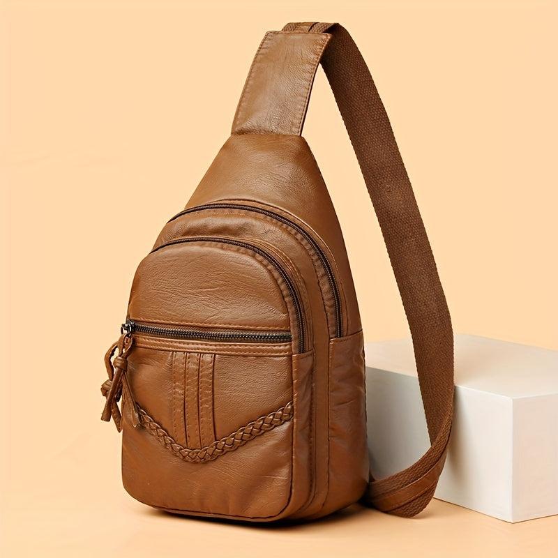 Zipper Front Sling Bag PU Leather Crossbody Bag Women's Casual Chest Purse