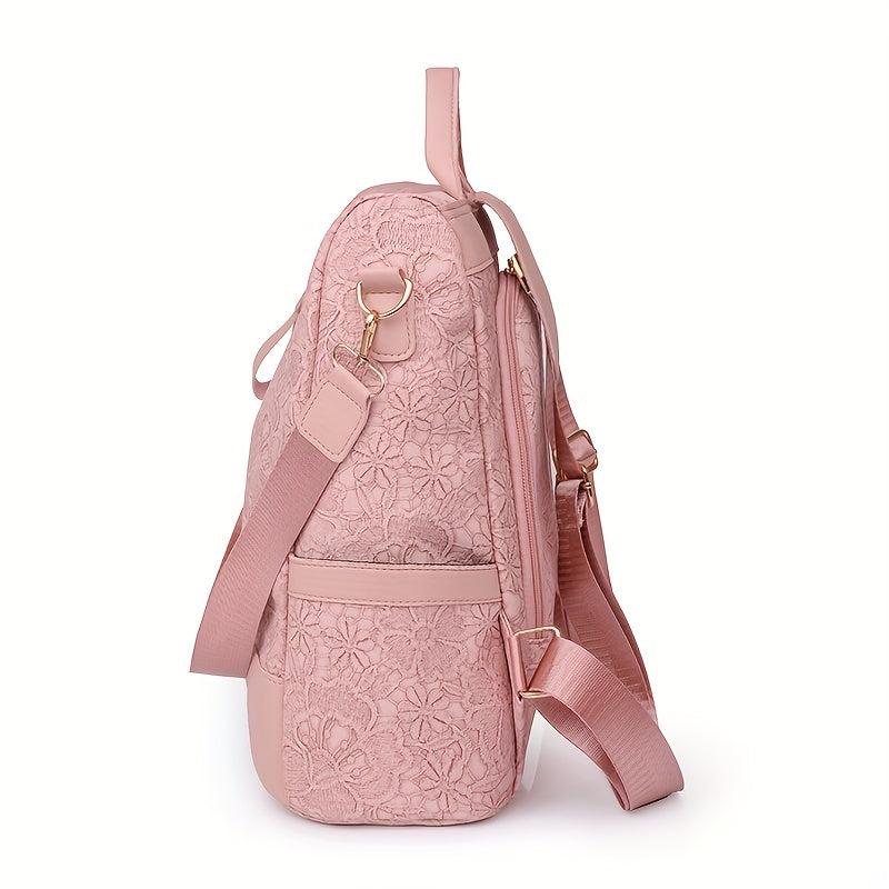 Floral Pattern Backpack Casual School Travel Bag Solid PU Leather Bag