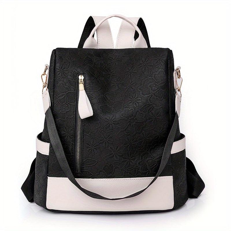 Floral Pattern Backpack Casual School Travel Bag Solid PU Leather Bag