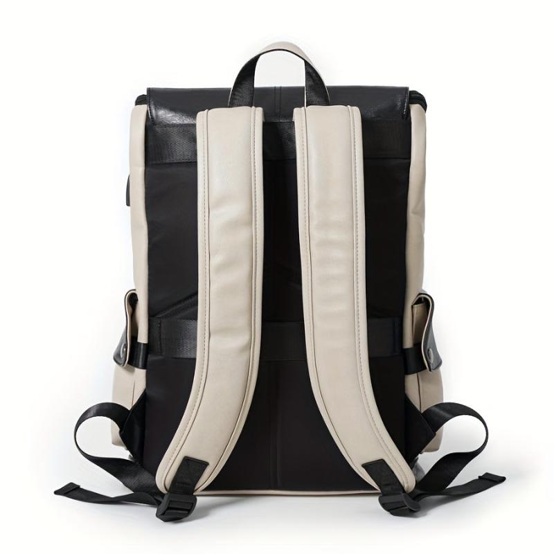 Men Women Contrast PU Leather Backpack USB Charging Port Fashionable Bag