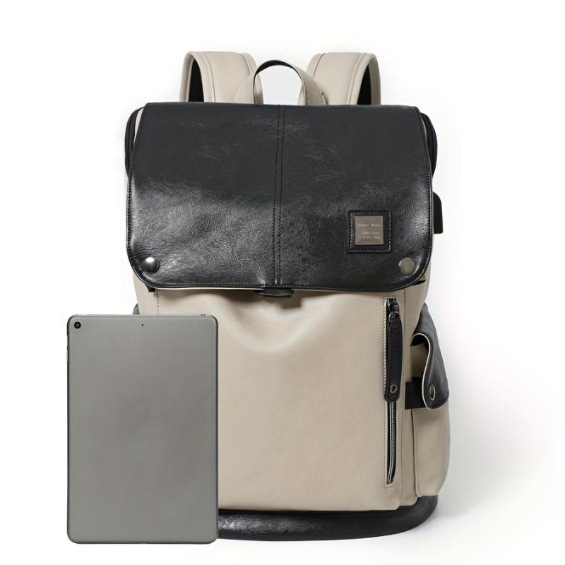 Men Women Contrast PU Leather Backpack USB Charging Port Fashionable Bag