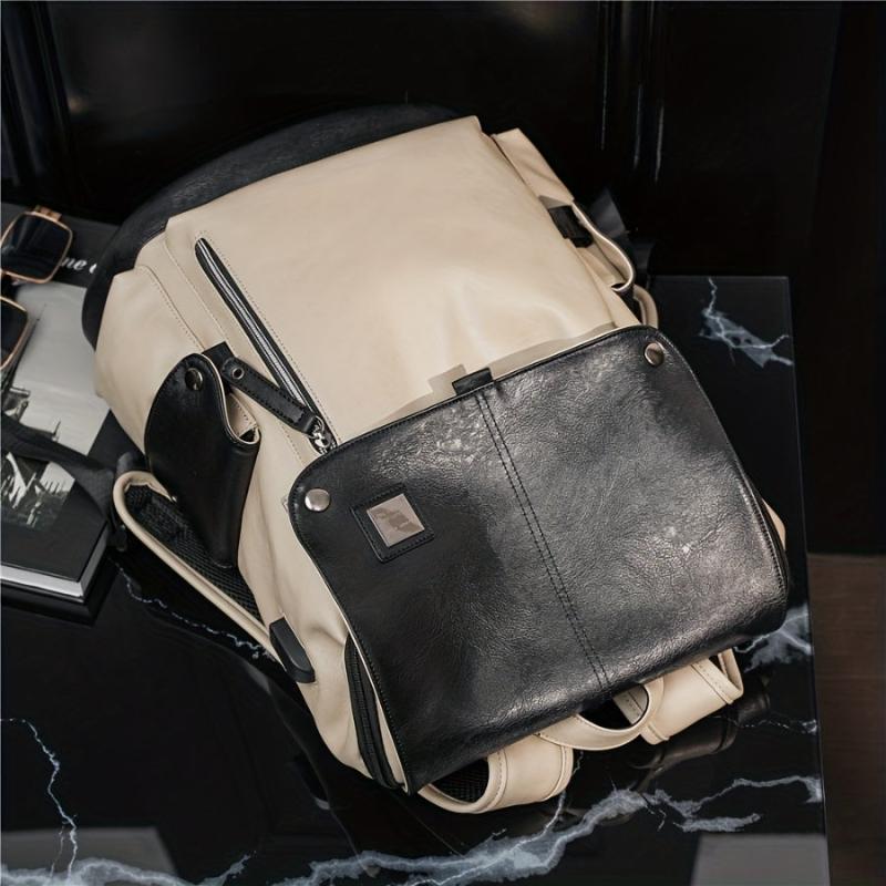 Men Women Contrast PU Leather Backpack USB Charging Port Fashionable Bag