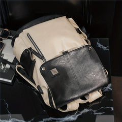 Men Women Contrast PU Leather Backpack USB Charging Port Fashionable Bag
