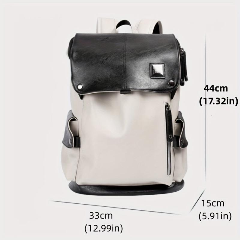 Men Women Contrast PU Leather Backpack USB Charging Port Fashionable Bag