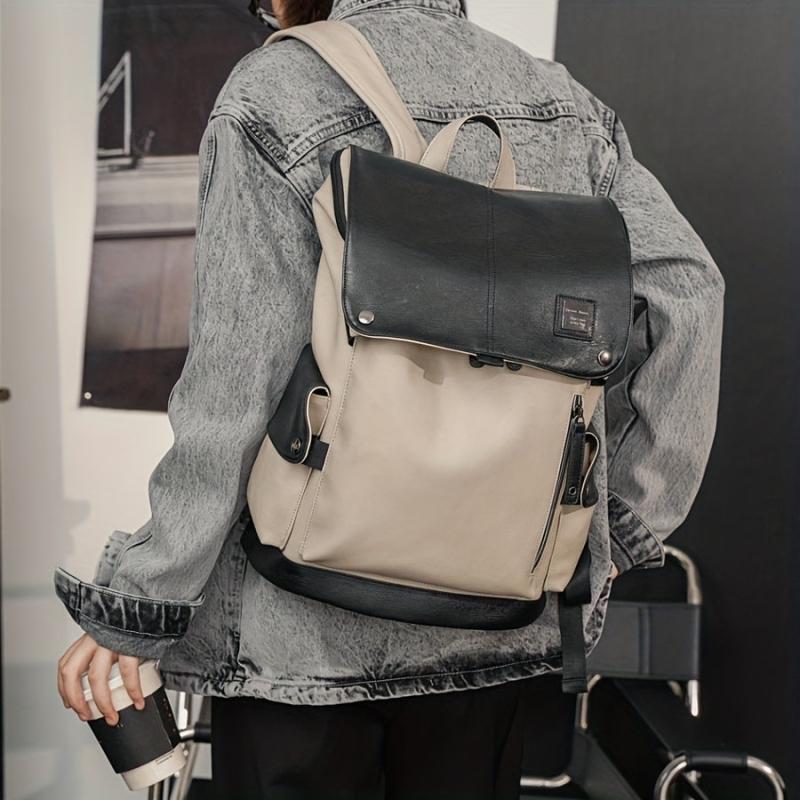 Men Women Contrast PU Leather Backpack USB Charging Port Fashionable Bag