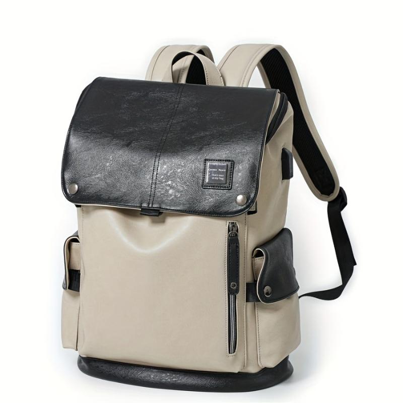 Men Women Contrast PU Leather Backpack USB Charging Port Fashionable Bag