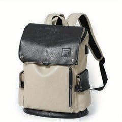 Men Women Contrast PU Leather Backpack USB Charging Port Fashionable Bag