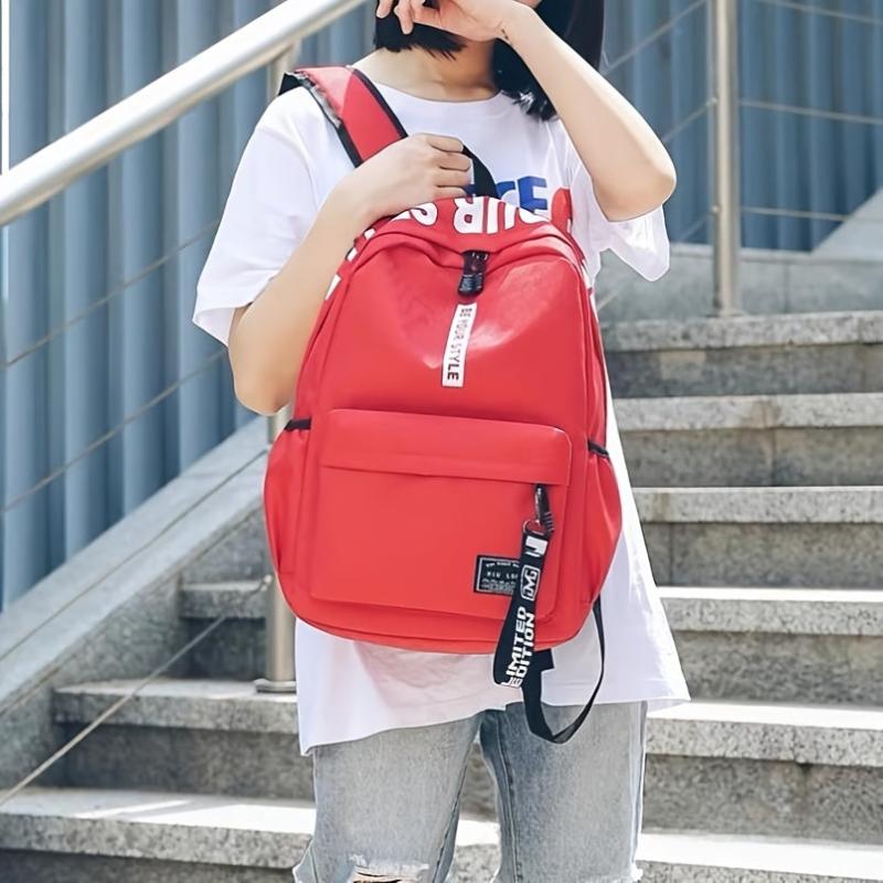 Red Letter Pattern Canvas School Backpack Large Capacity for Students