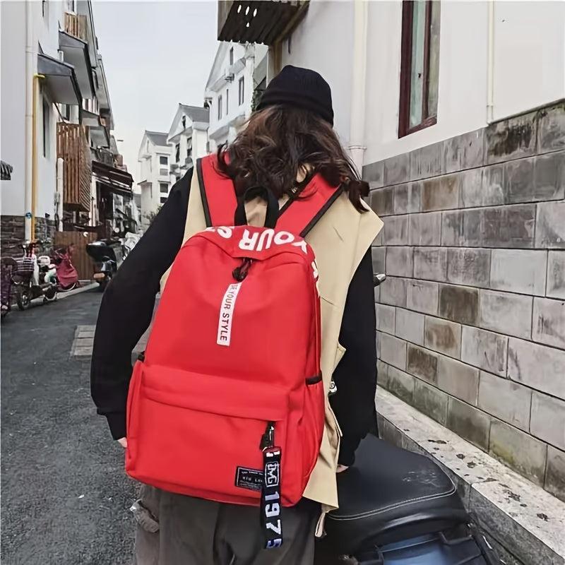 Red Letter Pattern Canvas School Backpack Large Capacity for Students