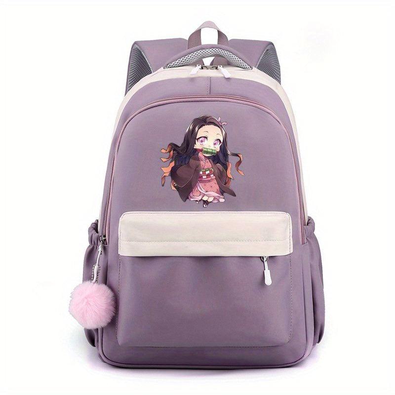 Cartoon Girl Pattern Backpack With Comfortable Small Plush Ball Girls School Bag