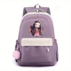 Cartoon Girl Pattern Backpack With Comfortable Small Plush Ball Girls School Bag