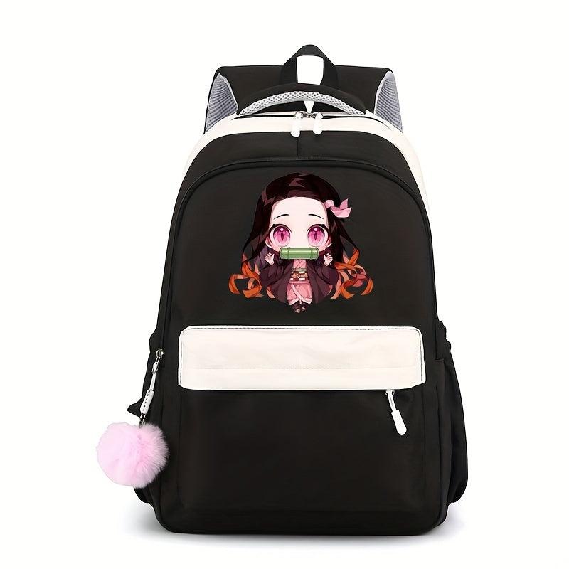 Cartoon Girl Pattern Backpack With Comfortable Small Plush Ball Girls School Bag