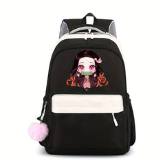 Cartoon Girl Pattern Backpack With Comfortable Small Plush Ball Girls School Bag