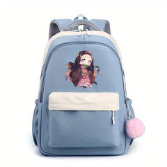 Cartoon Girl Pattern Backpack With Comfortable Small Plush Ball Girls School Bag