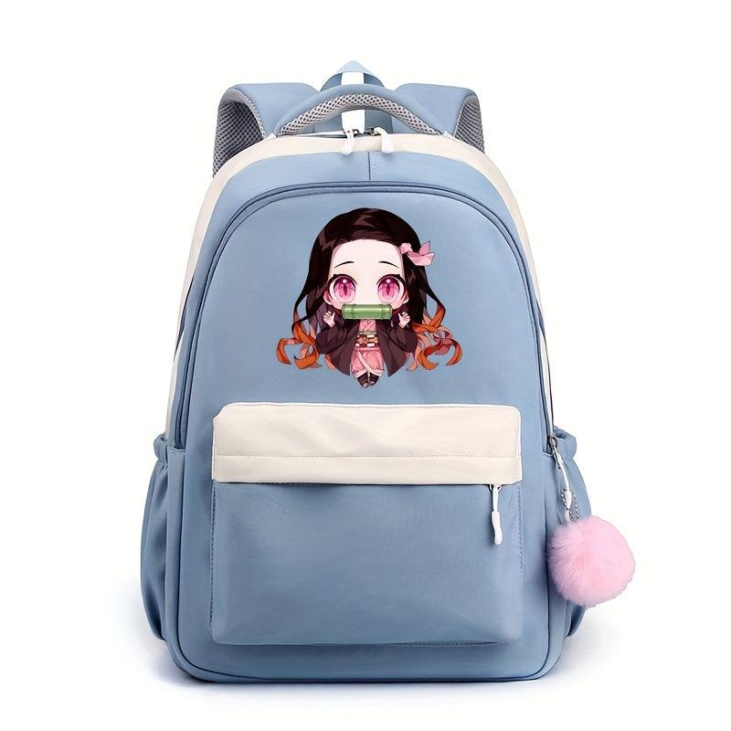Cartoon Girl Pattern Backpack With Comfortable Small Plush Ball Girls School Bag