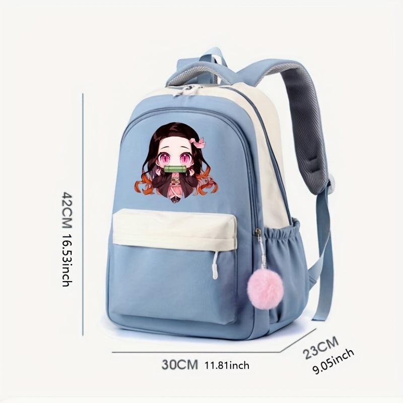 Cartoon Girl Pattern Backpack With Comfortable Small Plush Ball Girls School Bag