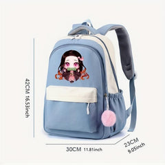 Cartoon Girl Pattern Backpack With Comfortable Small Plush Ball Girls School Bag