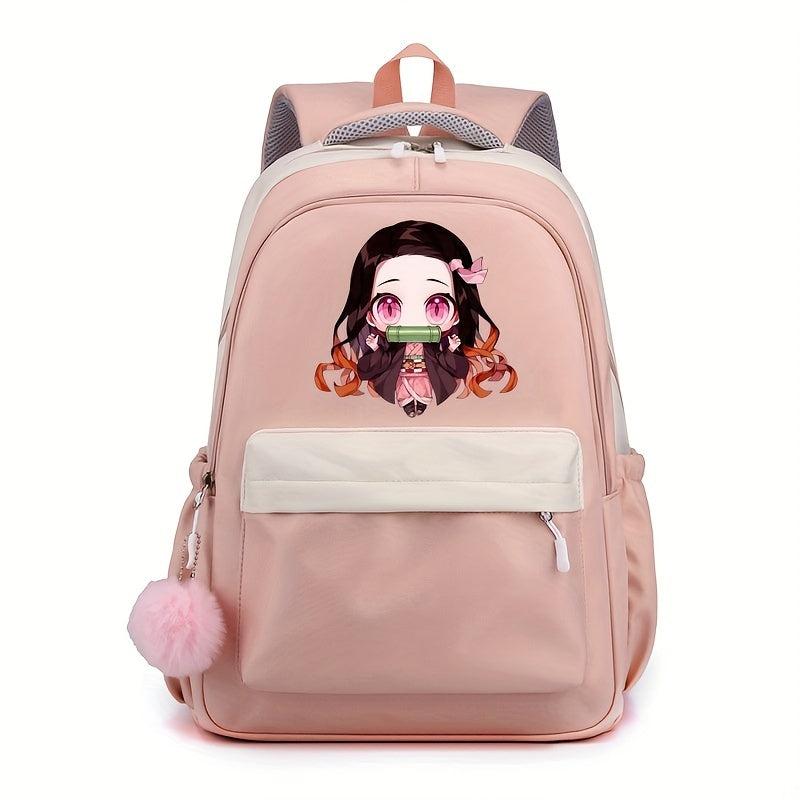 Cartoon Girl Pattern Backpack With Comfortable Small Plush Ball Girls School Bag