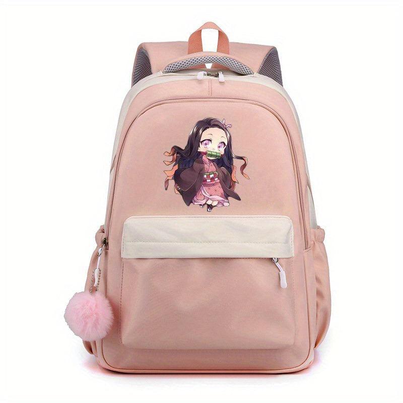 Cartoon Girl Pattern Backpack With Comfortable Small Plush Ball Girls School Bag