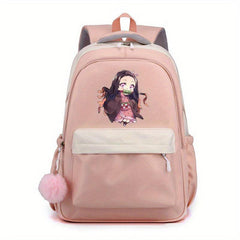 Cartoon Girl Pattern Backpack With Comfortable Small Plush Ball Girls School Bag