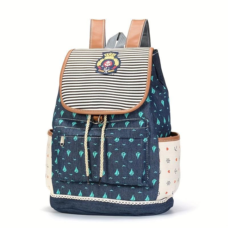 Sailboat Print Backpack Drawstring Casual Outdoor Travel Bag