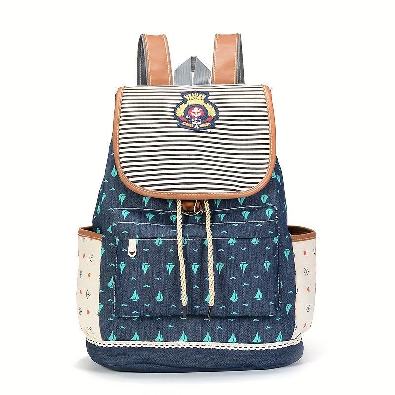 Sailboat Print Backpack Drawstring Casual Outdoor Travel Bag
